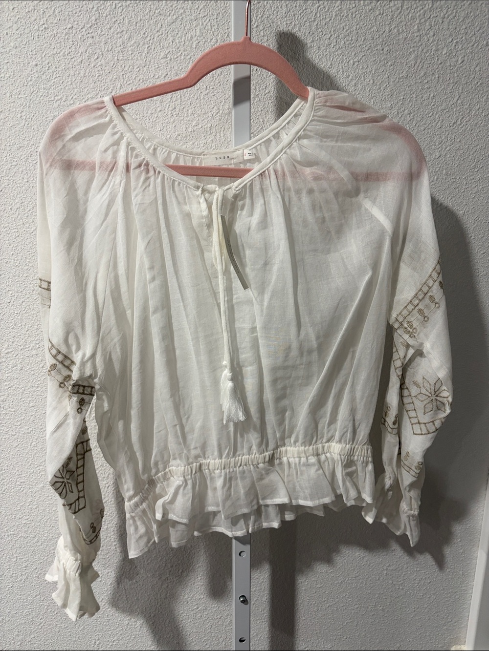 Lush White Boho Tassel Tie Peasant Top with Gold Embroidery